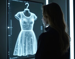 Woman silhouette tries virtual clothes using smart mirror tech. Futuristic fashion retail store display provides options to customers. Innovation, personalization, shopping concept, avatar fitting
