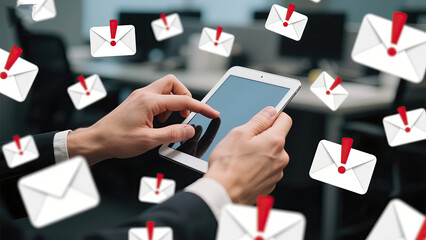 Businessman using a tablet with falling urgent email notification symbols in the office