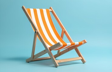 Orange striped beach chair isolated on blue background. Wooden deck chair, inviting relaxation in summer. Vacation, travel concept. Sunbathing, seaside, coast, holiday, tourism. Lounger for rest on
