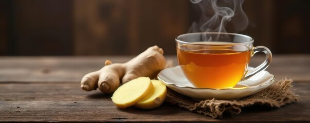 Sliced ginger root and steaming ginger tea on rustic wood , hot drink, orange, autumn