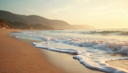 Obraz premium Summer beach scene with soft waves. Golden sand, tranquil water. Warm sunlight creates peaceful mood. Mountains on background. Sunset or sunrise on horizon.