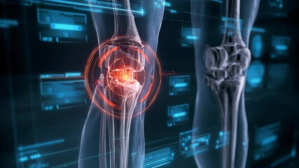 Digital visualization of a human knee joint showing inflammation in red, surrounded by futuristic medical interface on a dark background with blue holographic data overlays - Powered by Adobe
