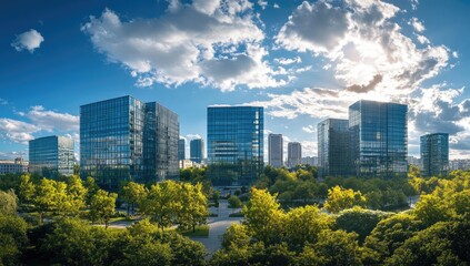 Obraz premium Modern cityscape with lush green park. 