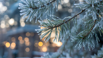 Frost-Covered Pine Branch with Warm Golden Lights and Blue Background
