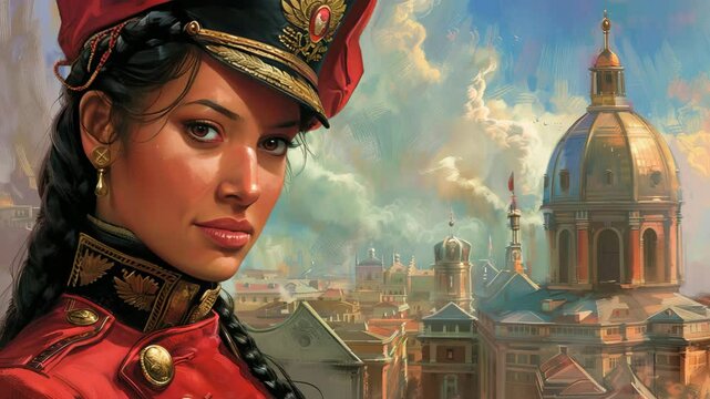 A strong woman in military uniform stands proudly as a boyar against the backdrop of a magnificent church with a striking dome, symbolizing courage and tradition.