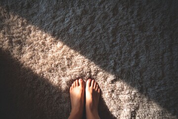 Bare feet stand on soft, beige carpet illuminated by sunbeam, evoking comfort and relaxation in cozy interior scene