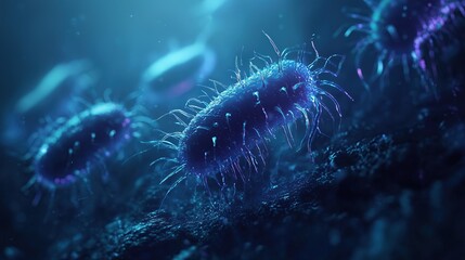 Fototapeta premium Microscopic View of Bacteria: rendering of microbes with flagella set against blue backdrop