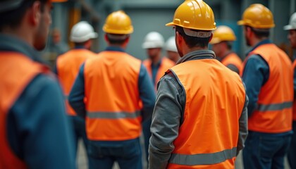 Construction workers in safety gear during industrial training. Group of men wearing hard hats, orange vests. Safety procedures, risk management, protection at construction site. Teamwork. Health
