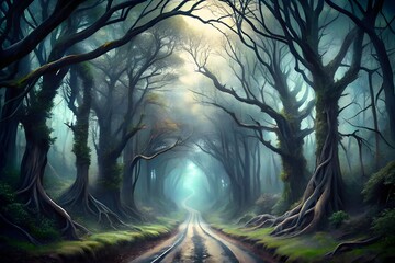trees in the woods on road