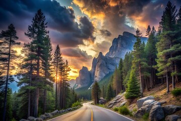 sunrise in the mountains on highway road
