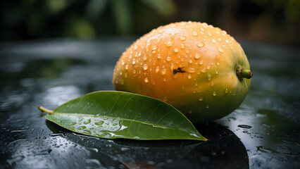 Close-up of Ripe and Unripe Mangoes with Water Droplets on Green Leaf