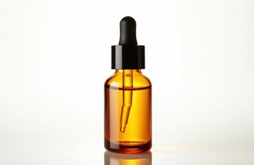 Naklejka premium Essential serum oil in amber dropper bottle isolated on white background. Transparent glass bottle with black dropper. Dropper bottle serum for skin care, beauty treatment, body therapy, health,