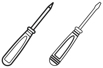 Two screwdrivers with contrasting tips show repair tools in a simple black outline