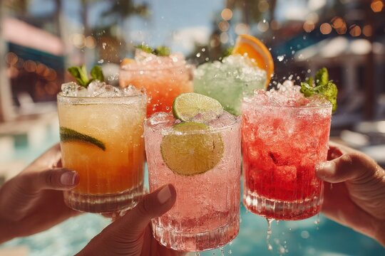 Cheers to summer! ☀️ Four friends raise a toast with refreshing cocktails by the pool.