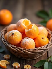 Frozen orange fresh fruit peeled on rattan basket on cold season for real food snack