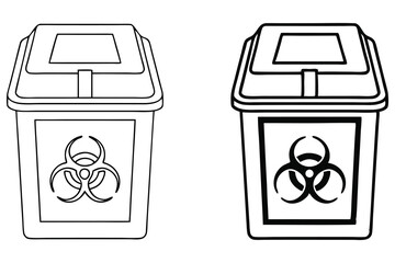 Two biohazard containers with lids are presented in black and white outline artwork