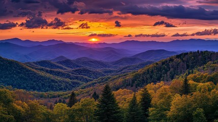 The sky is painted with warm hues of orange and pink as the sun sets behind the mountains