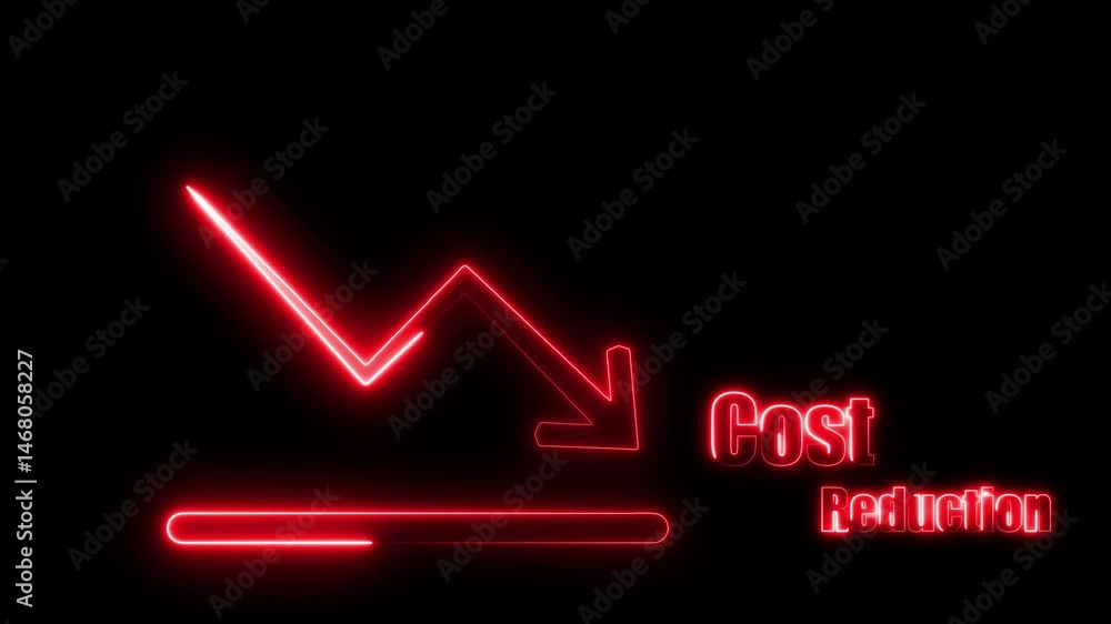 Poster glowing neon arrow showing the cost reduction in black background,quality control and company cost r