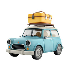 Cute Blue Car Ready for a Road Trip Yellow Suitcase on Top