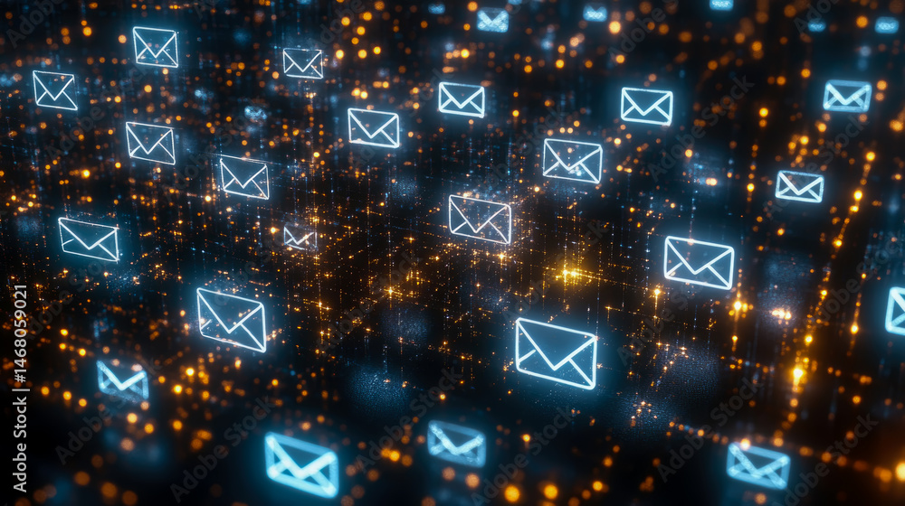 Aufkleber digital communication: concept representation of a network with glowing mail icons for technology or
