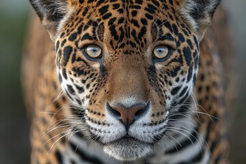 Obraz premium Majestic jaguar gazes directly at the camera in its natural habitat during golden hour