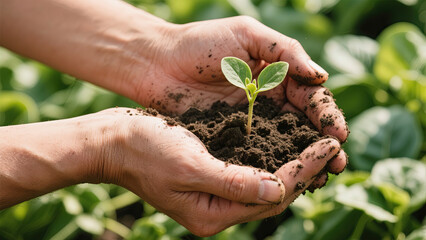 Fototapeta premium Hands holding a delicate seedling growing in rich dark soil for growth