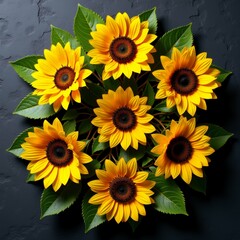 Obraz premium bunch sunflowers bright yellow petals dark brown centers flowers arranged bunch dark grey textured background six flowers total largest one center six smaller ones either side leaves green appear