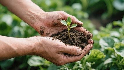 Fototapeta premium Hands holding soil with a sprout showing environmentalism and growing a new life