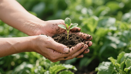 Fototapeta premium Hands gently holding a young sprout in dark soil against a green background