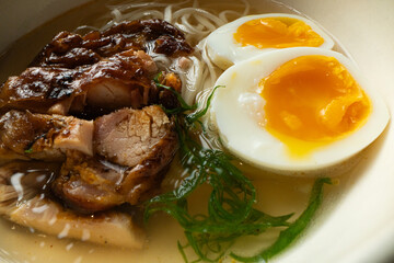 Closeup of ramen soup served at restaurant