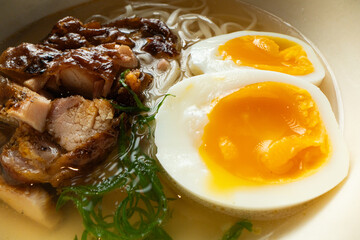 Closeup of ramen soup served at restaurant