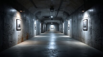 Modern Gallery Interior with Concrete Walls and Dramatic Lighting