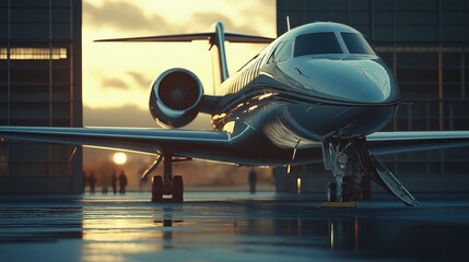Elite Transport at Dusk: A sleek private jet glistens in the soft light of dawn as it prepares for takeoff from a modern aircraft hangar. Embodying luxury and adventure.