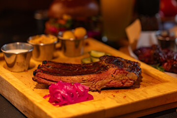 Closeup of roasted grilled pork ribs served at restaurant