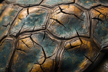 Unique textures of an ancient turtle shell illuminated by soft light in a tranquil setting