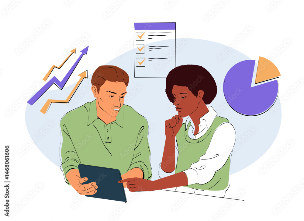 Poster two colleagues discussing data on a tablet, with charts and checklist icons in the background, in a 
