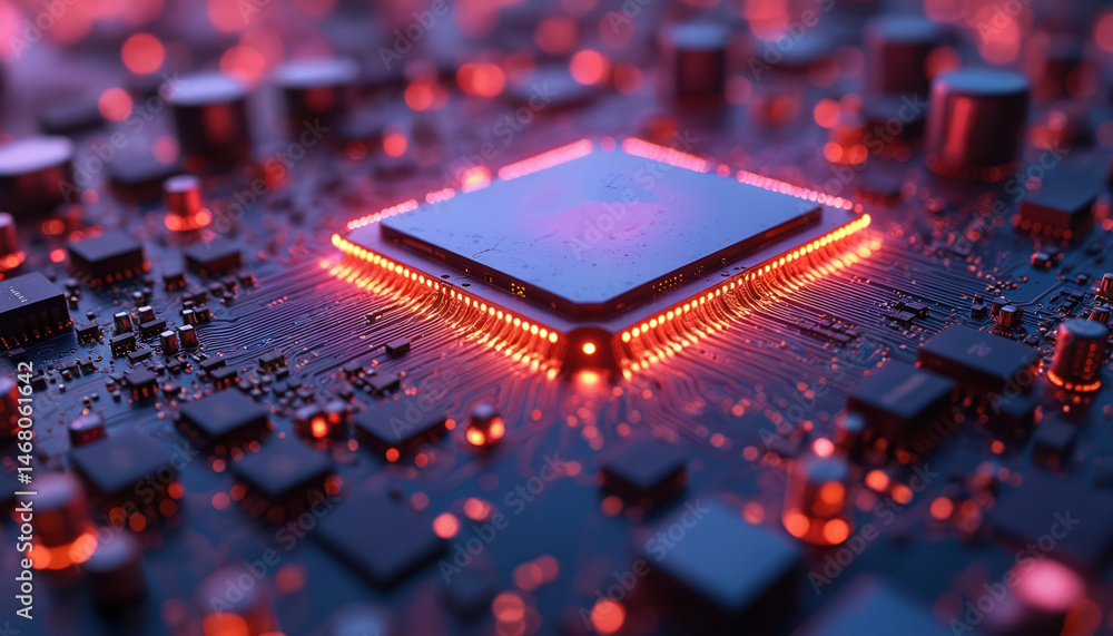 Poster Highly detailed tech illustration shows AI supercomputer Chrome CPU, GPU circuits interconection. Modern circuit board, digital technology. CPU, GPU interconnections. High-tech design, innovative