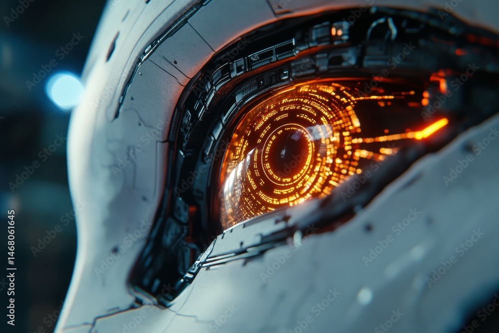 Poster a close-up of a robot's eye, glowing with digital patterns and information