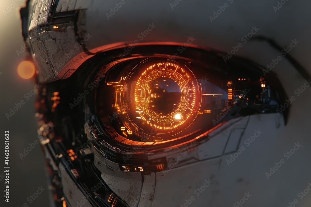 Poster a close-up of a robot's eye, glowing with digital patterns and information