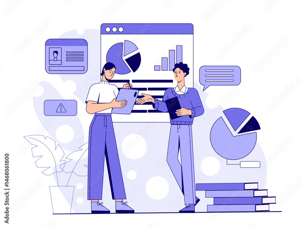 Poster two office workers analyzing charts and graphs on a large screen, modern flat style, isolated on whi