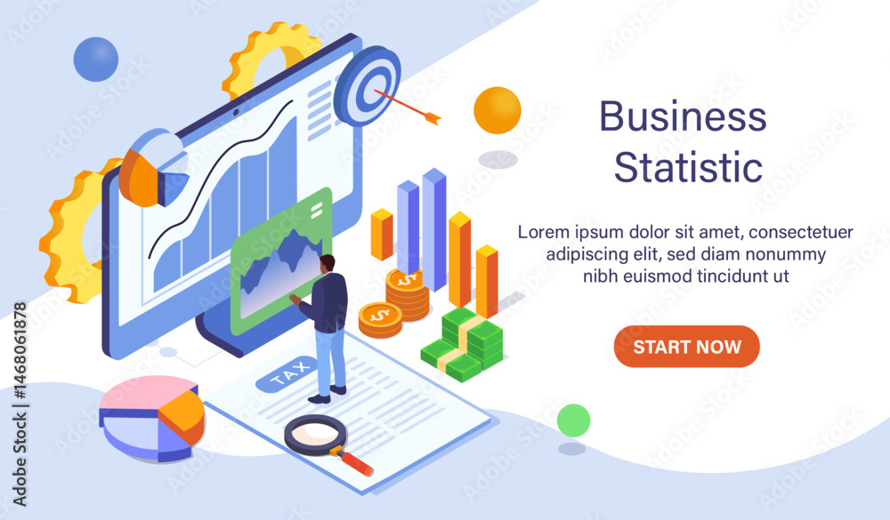 Aufkleber business analysis concept with charts, graphs, and financial elements in isometric graphic style on 