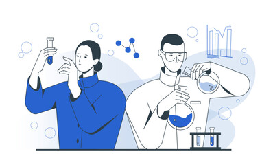 Two scientists analyzing chemical substances with lab glassware in a modern flat style on a white background, concept of scientific research. Vector illustration