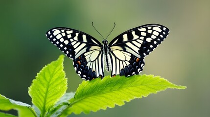 Fototapeta premium Stunning Black and White Butterfly on Green Leaf