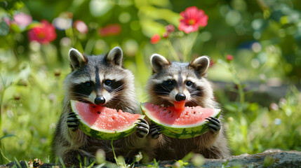 Two raccoons eating a watermelon, the basis for a calendar