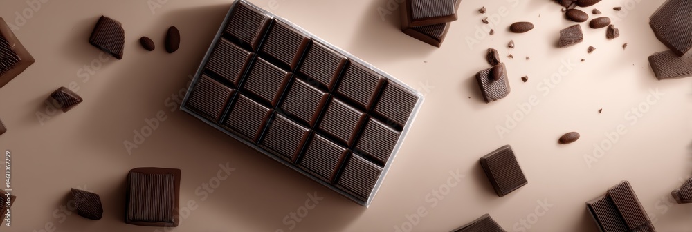 Aufkleber delicious chocolate bar open with scattered pieces and soft shadows on a neutral background for a de