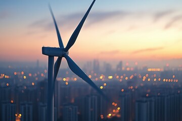 Wind turbine silhouette against a city skyline at sunset, symbolizing clean energy and urban sustainability.