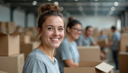 Smiling woman volunteers warehouse, packing boxes. Cheerful expression reflects spirit community support, teamwork. People helping during pandemic disaster. Humanitarian aid. Logistics, assistance.