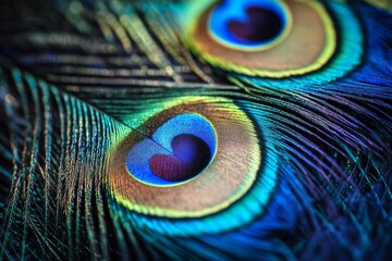 Vibrant close-up of a peacock feather revealing astonishing colors and heart-like patterns amidst nature's intricate beauty