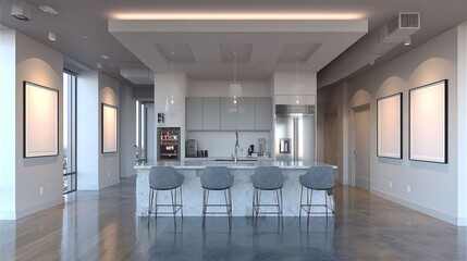 Modern Kitchen Interior with Elegant Design and Stylish Bar Stools