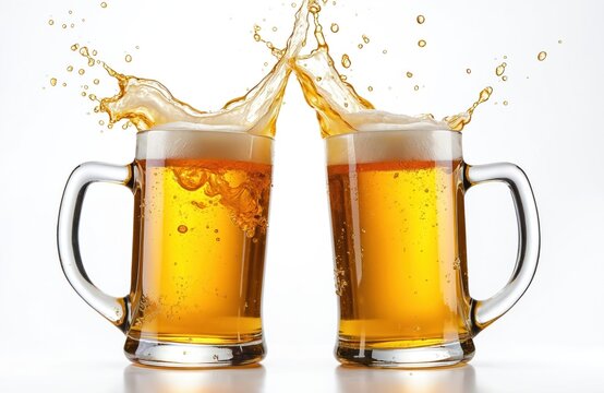 Two beer mugs clinking, splashing with foam on white background. Toasting, celebration concept. Cold refreshing alcoholic drink, brewing, pub, bar, brewery. Party time. Friendship, toast refreshment.